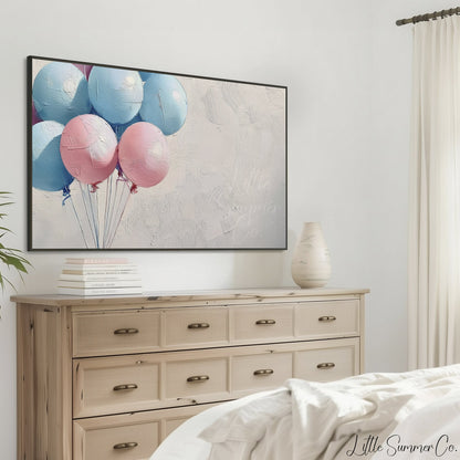 Pink Blue Balloons Bunch Frame TV Art displayed on a TV