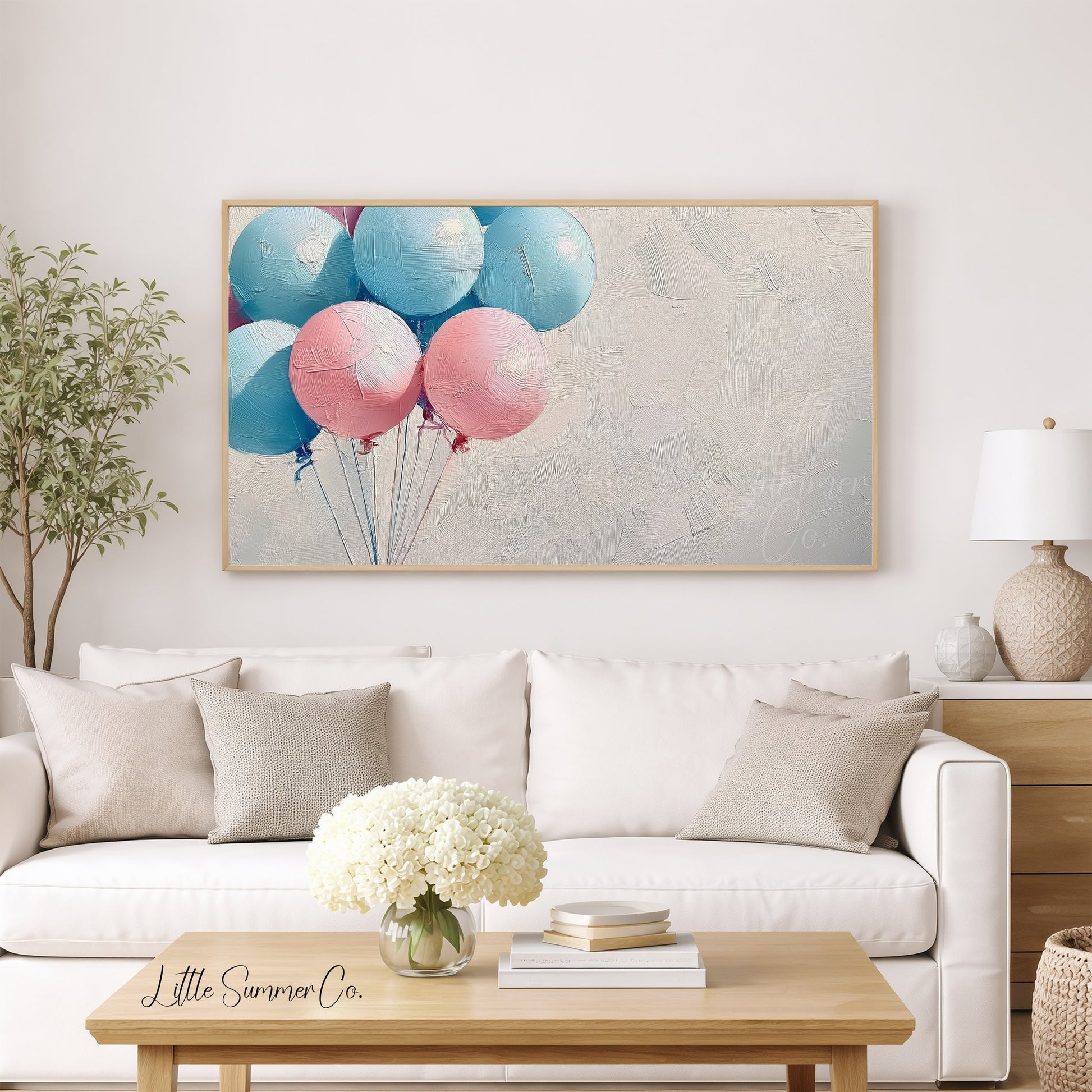 Pink Blue Balloons Bunch Frame TV Art displayed on a TV