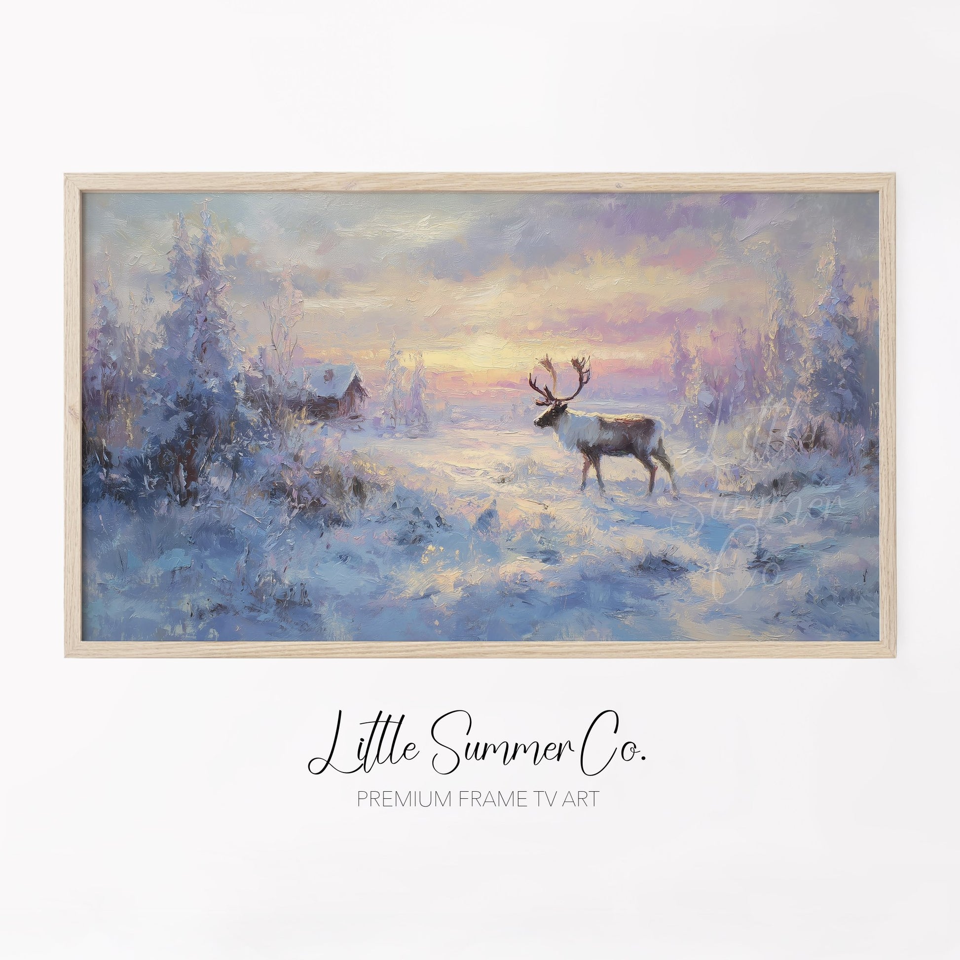 Reindeer Snowy Sunset Frame TV Art displayed on a TV