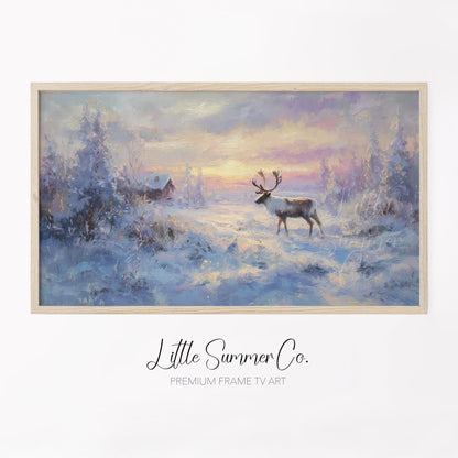 Reindeer Snowy Sunset Frame TV Art displayed on a TV