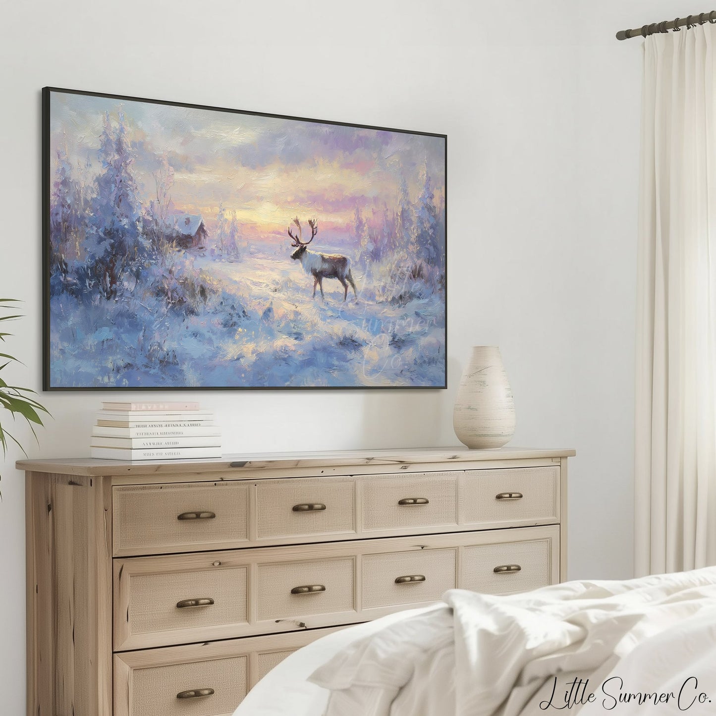 Reindeer Snowy Sunset Frame TV Art displayed on a TV