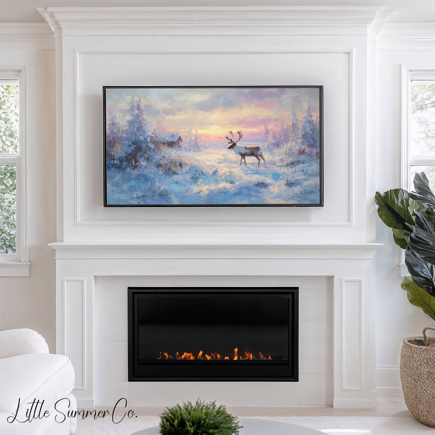 Reindeer Snowy Sunset Frame TV Art displayed on a TV