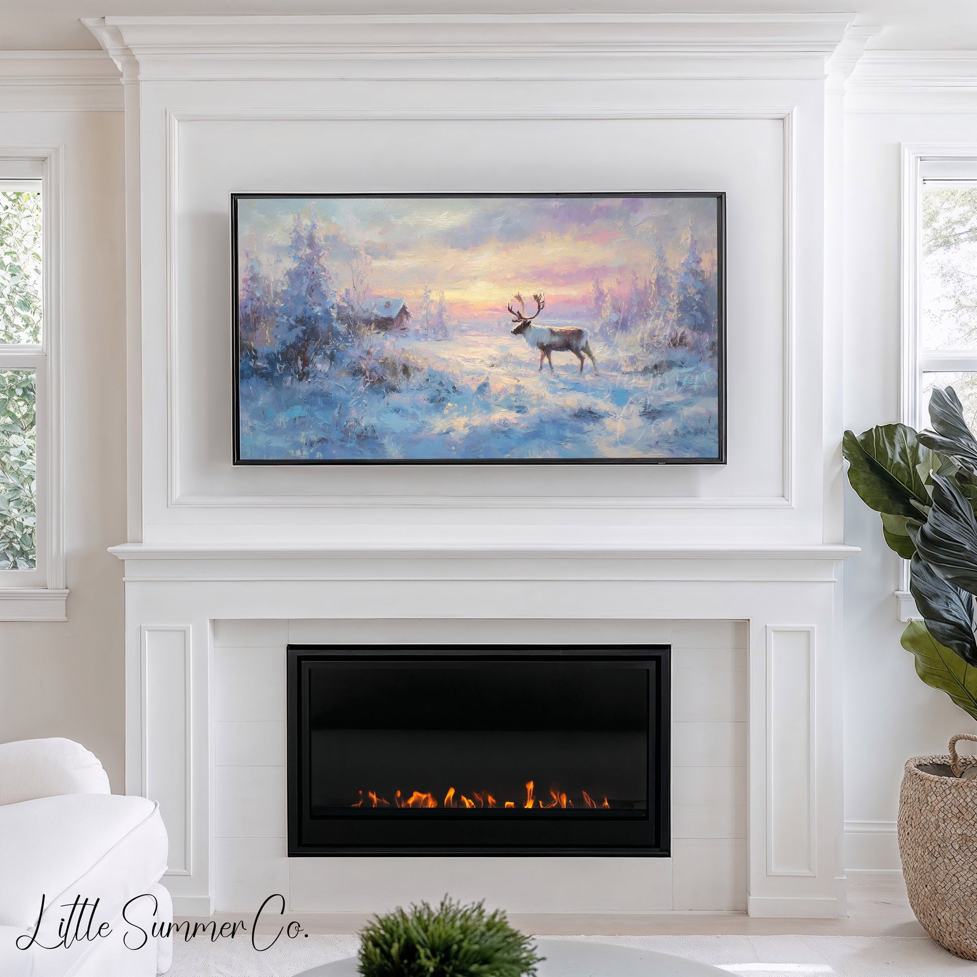 Reindeer Snowy Sunset Frame TV Art displayed on a TV