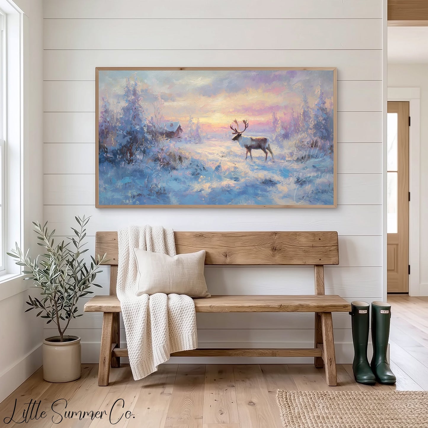 Reindeer Snowy Sunset Frame TV Art displayed on a TV