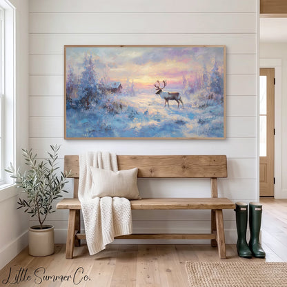 Reindeer Snowy Sunset Frame TV Art displayed on a TV
