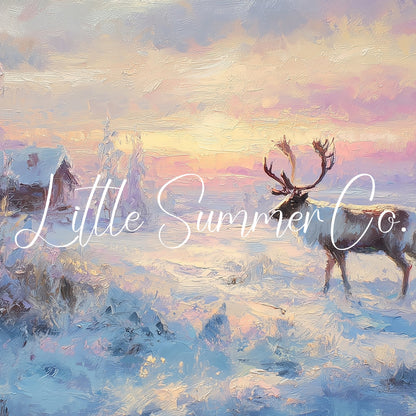 Reindeer Snowy Sunset Frame TV Art displayed on a TV
