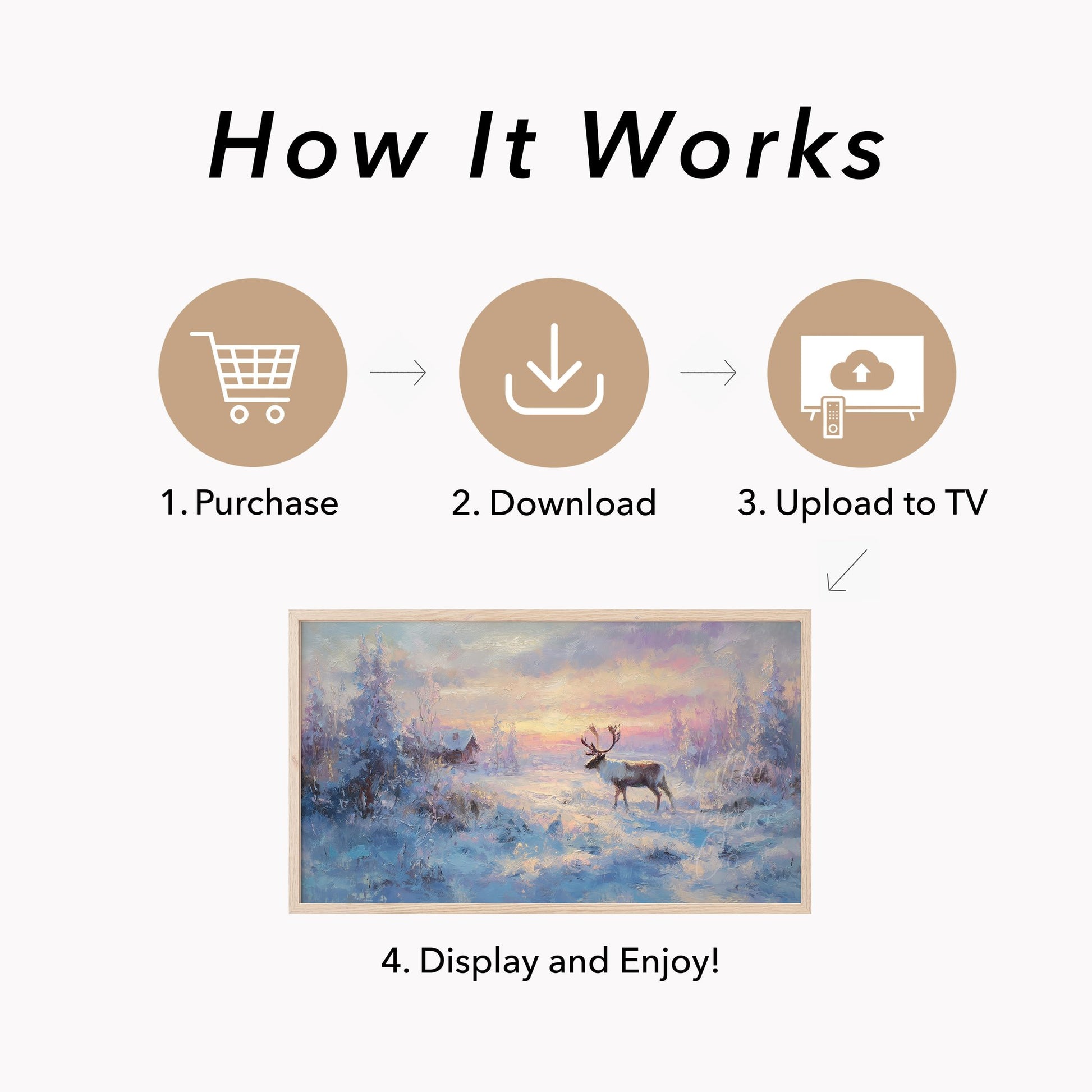 Reindeer Snowy Sunset Frame TV Art displayed on a TV