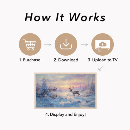 Reindeer Snowy Sunset Frame TV Art displayed on a TV