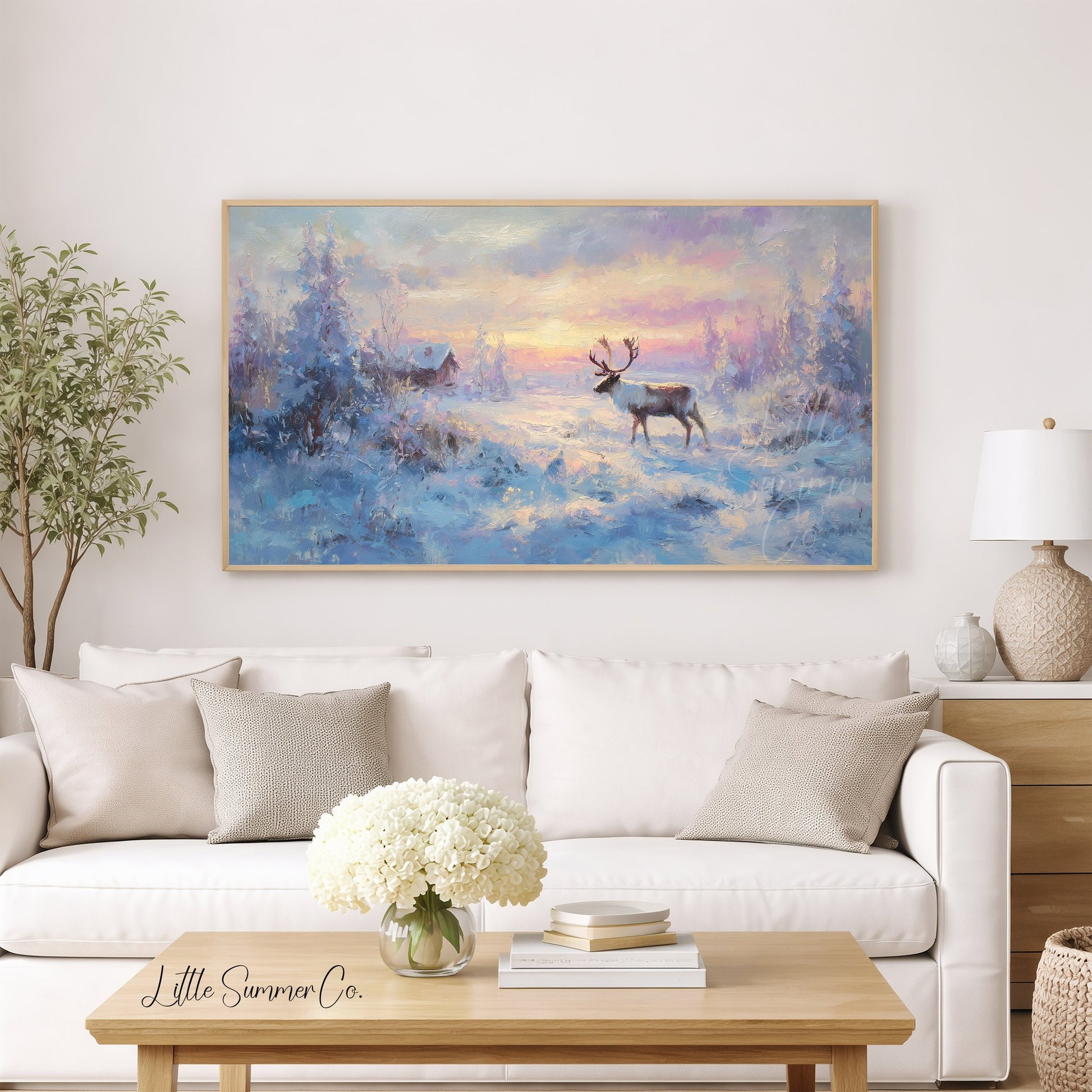 Reindeer Snowy Sunset Frame TV Art displayed on a TV