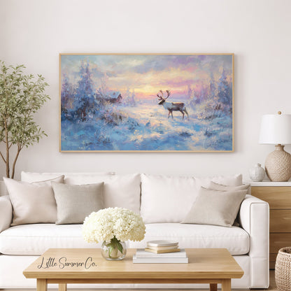 Reindeer Snowy Sunset Frame TV Art displayed on a TV