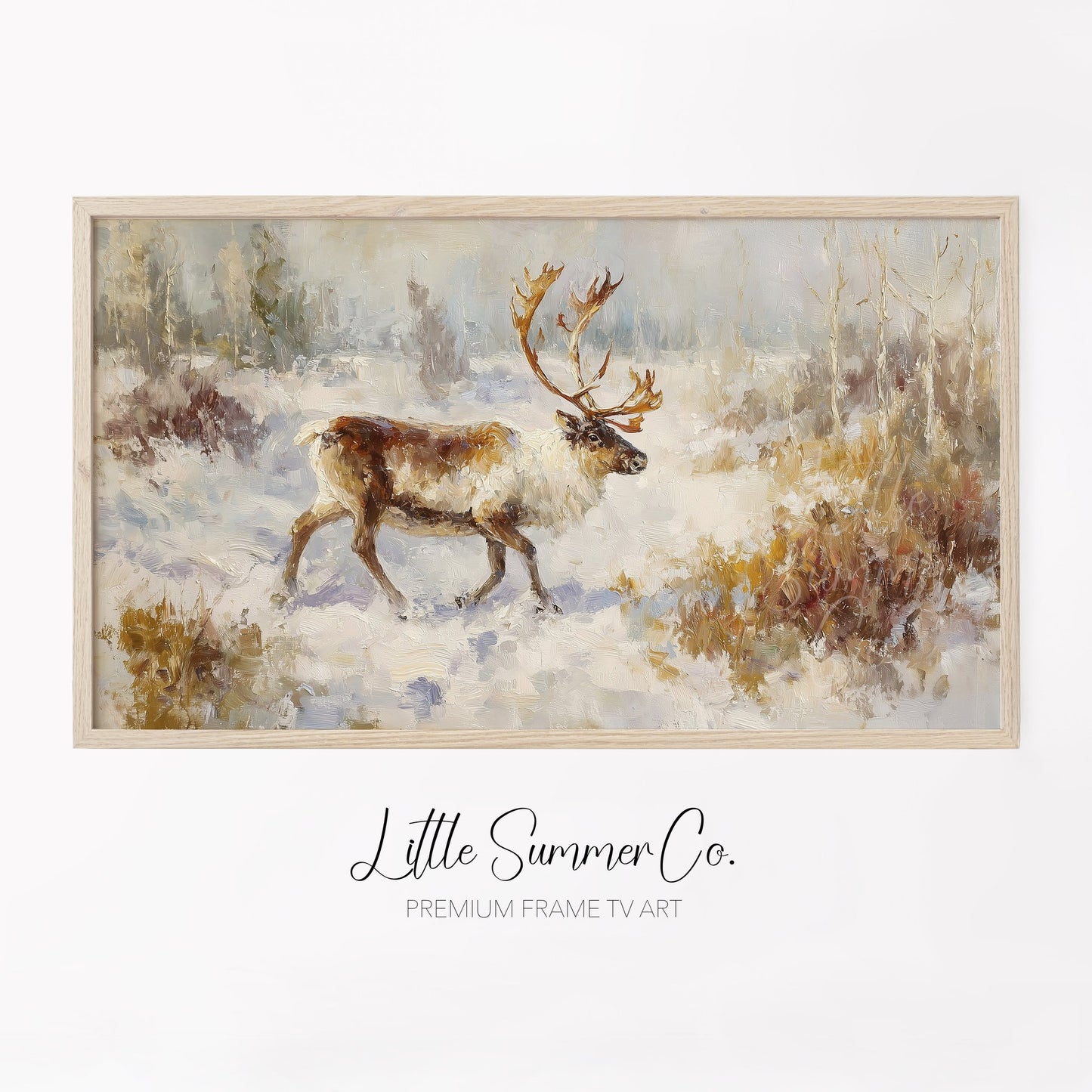 Reindeer in Winter Snow Frame TV Art displayed on a TV