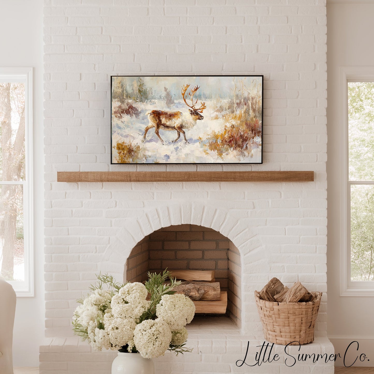 Reindeer in Winter Snow Frame TV Art displayed on a TV