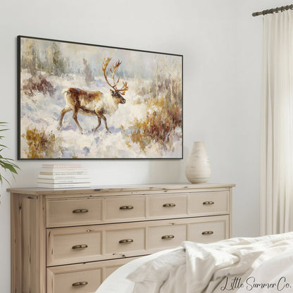 Reindeer in Winter Snow Frame TV Art displayed on a TV