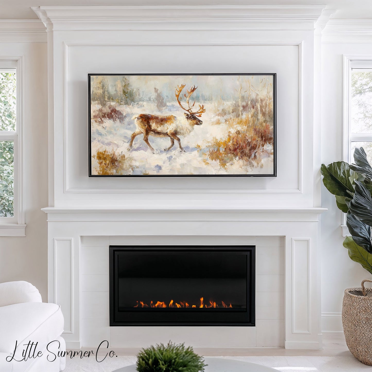 Reindeer in Winter Snow Frame TV Art displayed on a TV