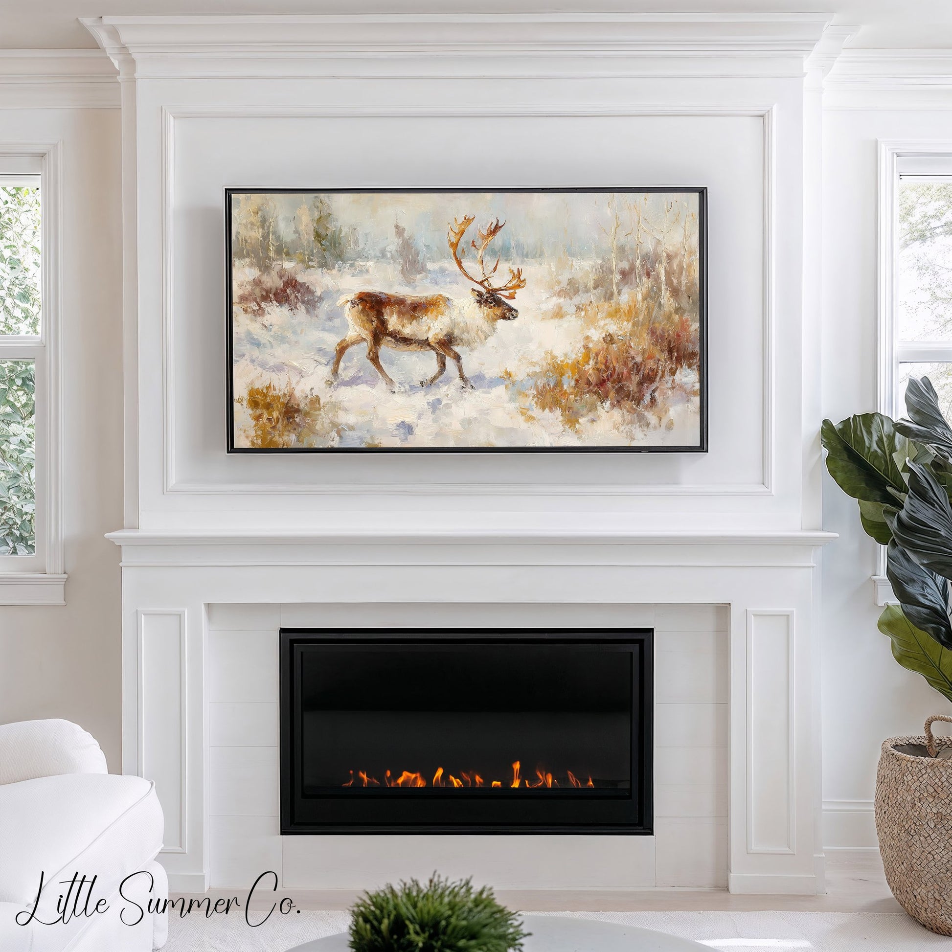 Reindeer in Winter Snow Frame TV Art displayed on a TV