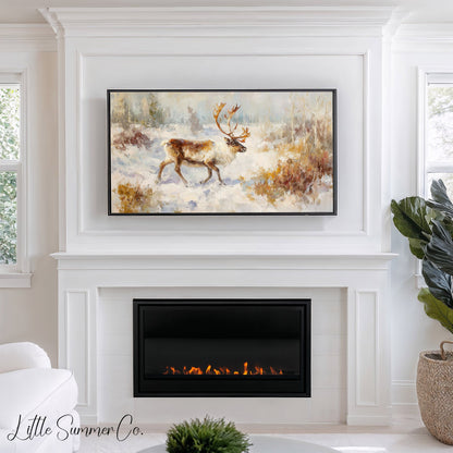 Reindeer in Winter Snow Frame TV Art displayed on a TV