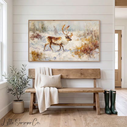 Reindeer in Winter Snow Frame TV Art displayed on a TV