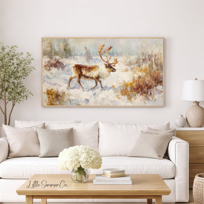 Reindeer in Winter Snow Frame TV Art displayed on a TV