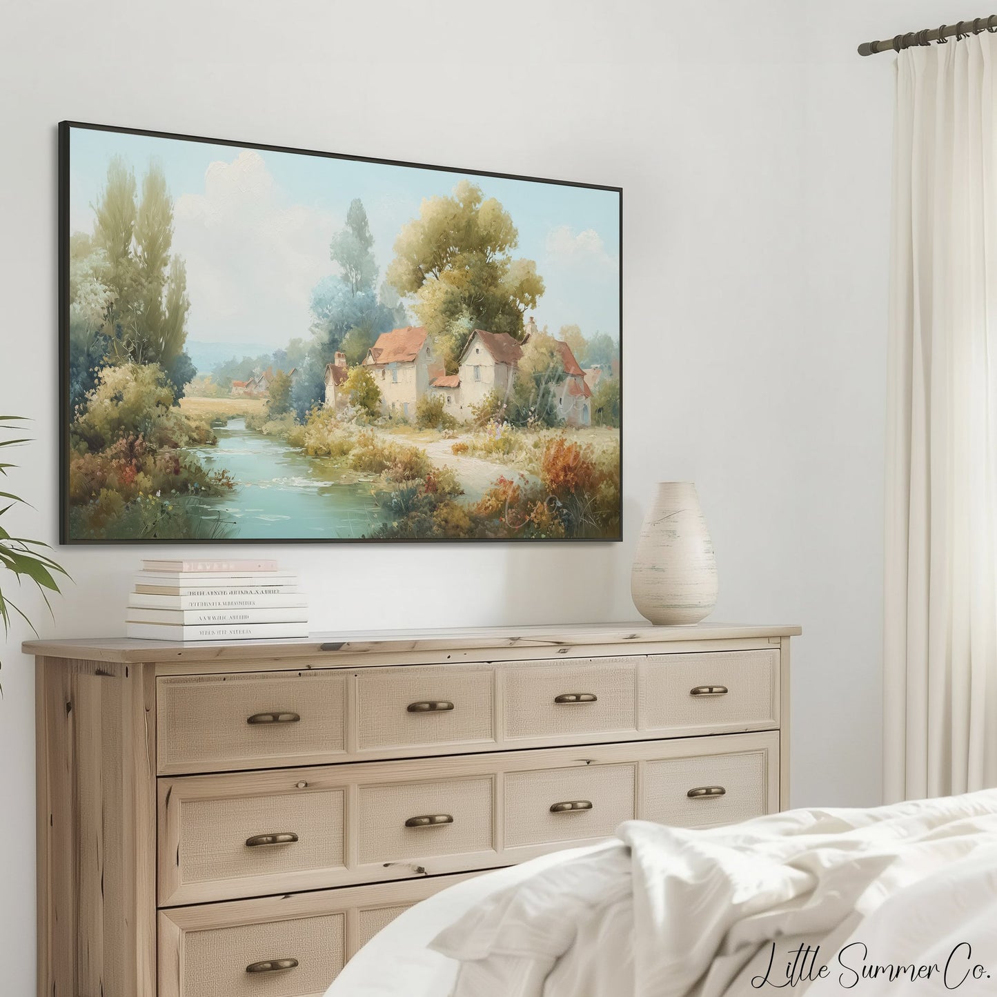 Riverside Cottage Frame TV Art displayed on a TV