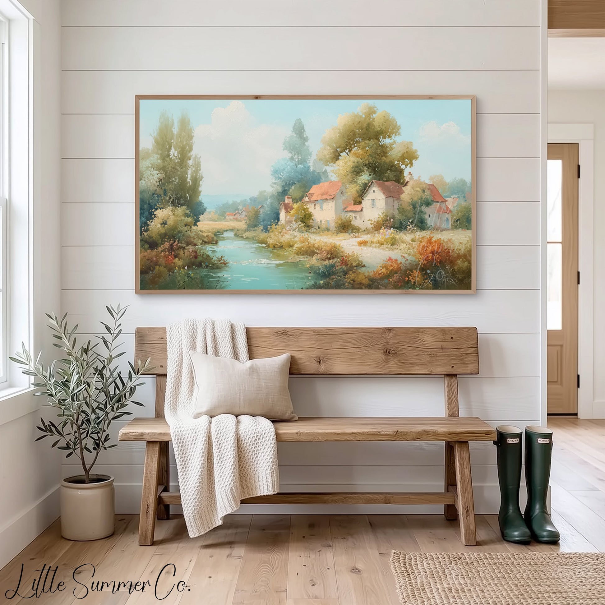 Riverside Cottage Frame TV Art displayed on a TV