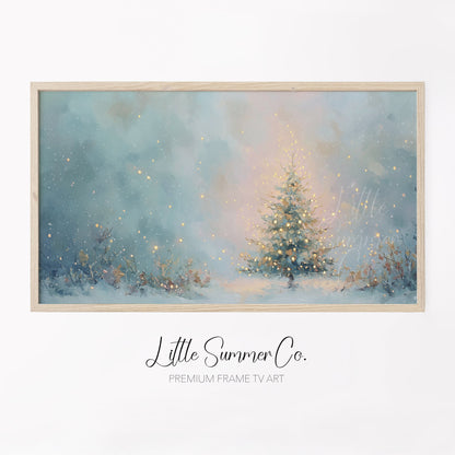 Glowing Christmas Tree in Snow Frame TV Art displayed on a TV