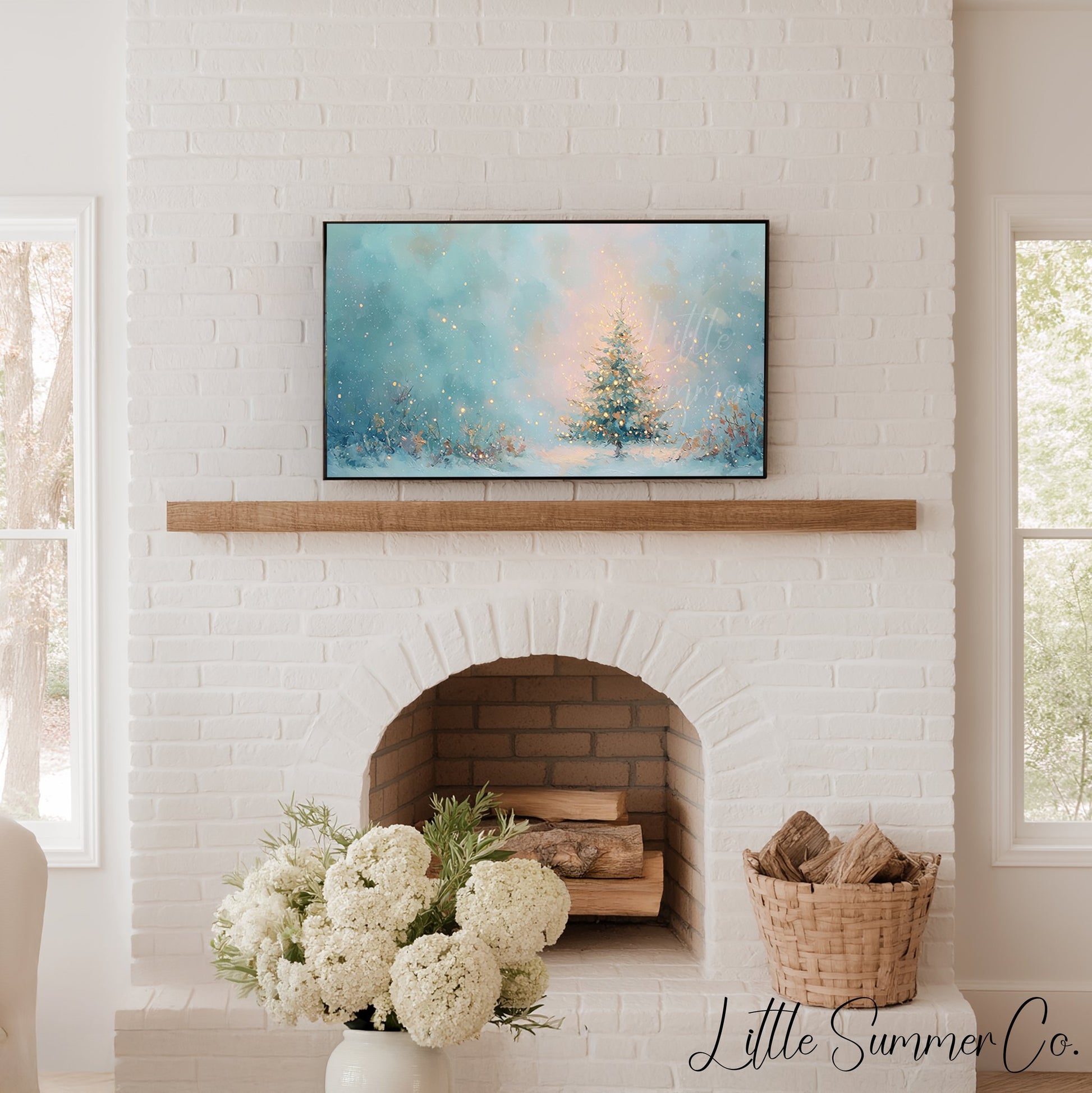 Glowing Christmas Tree in Snow Frame TV Art displayed on a TV