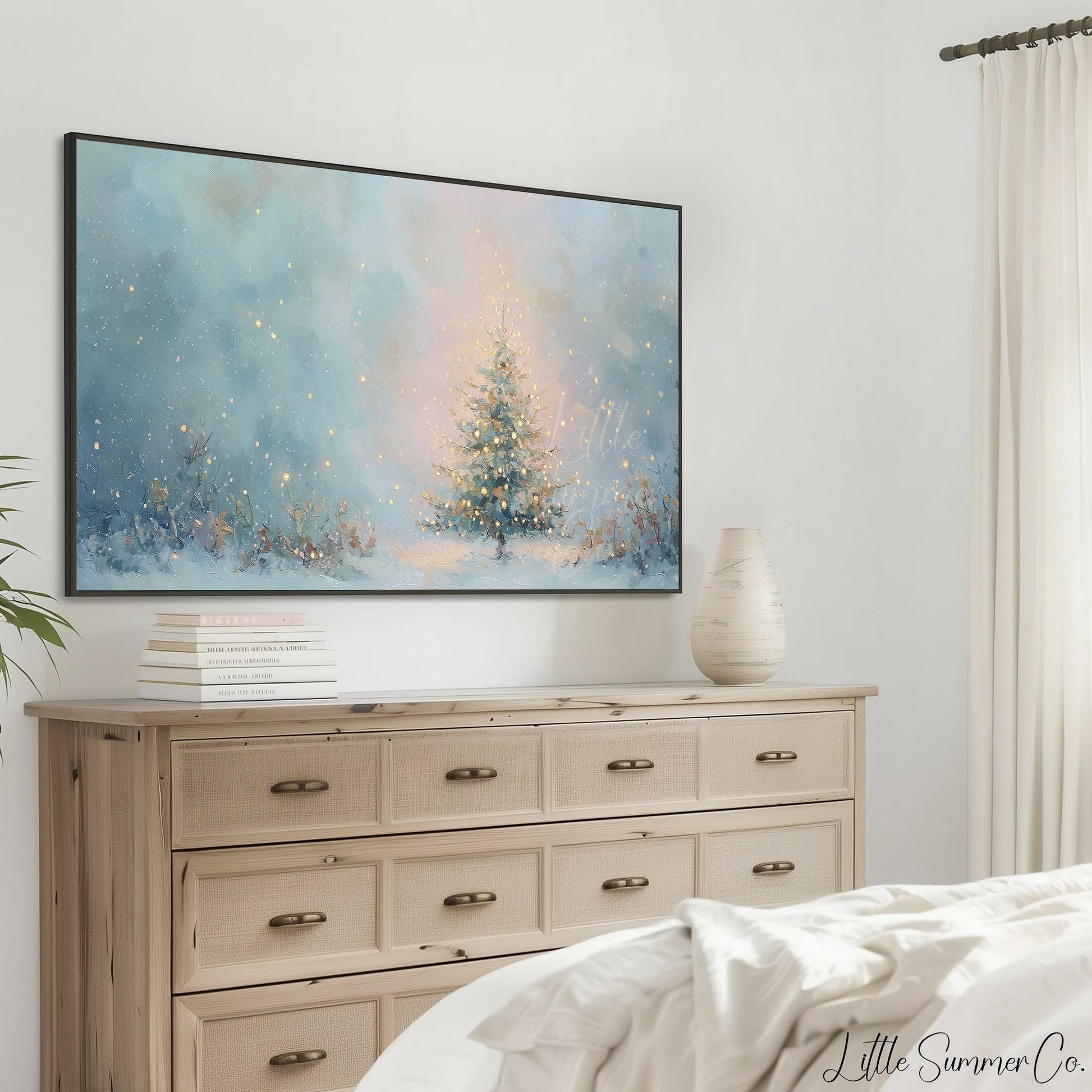 Glowing Christmas Tree in Snow Frame TV Art displayed on a TV