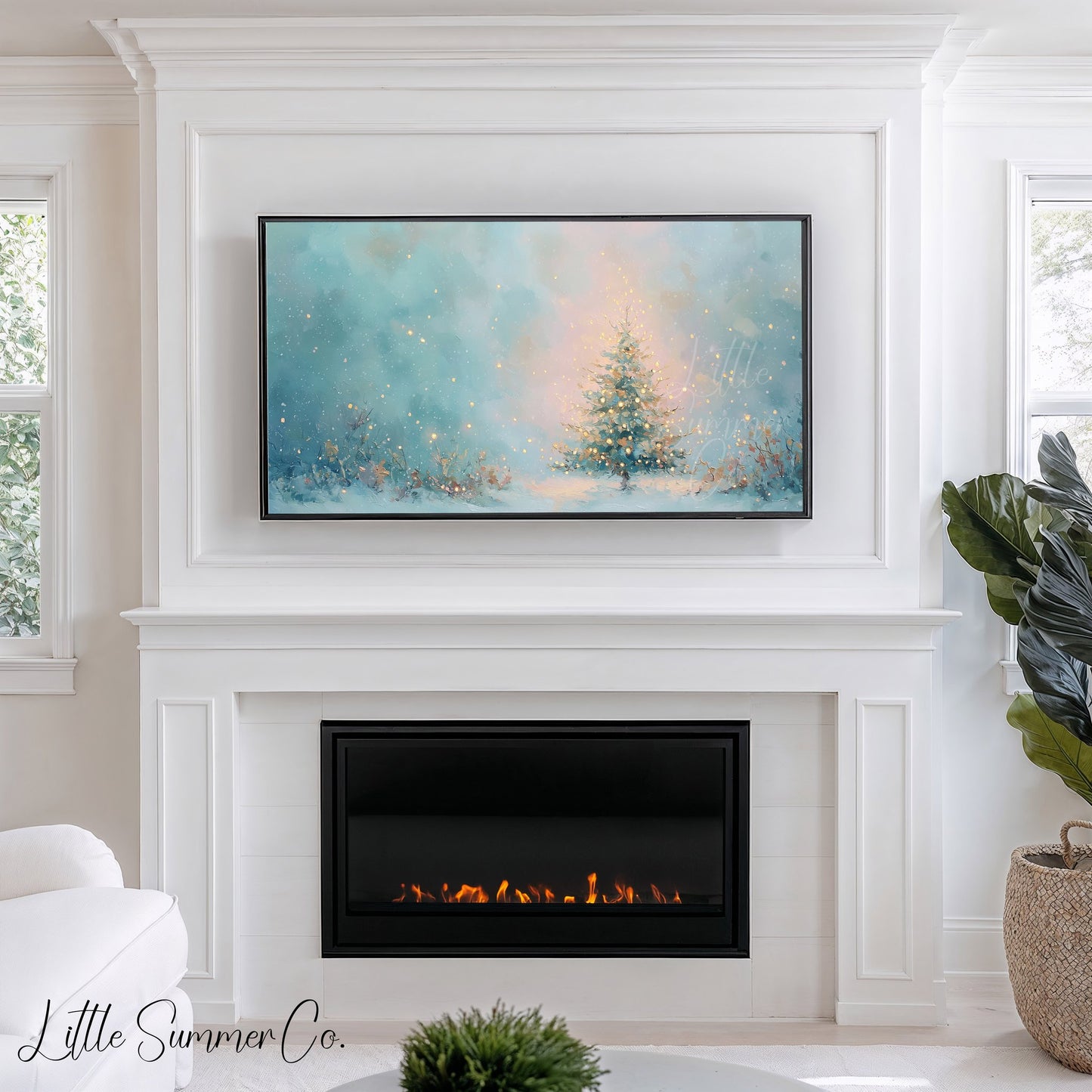Glowing Christmas Tree in Snow Frame TV Art displayed on a TV