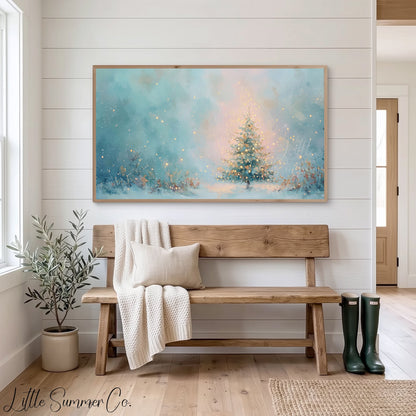 Glowing Christmas Tree in Snow Frame TV Art displayed on a TV