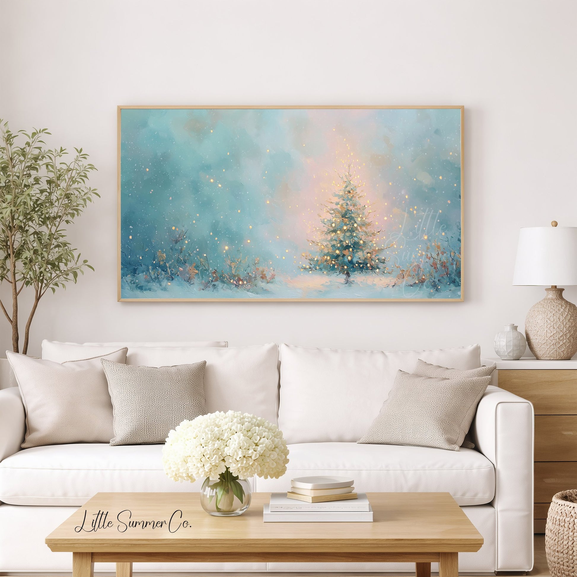 Glowing Christmas Tree in Snow Frame TV Art displayed on a TV