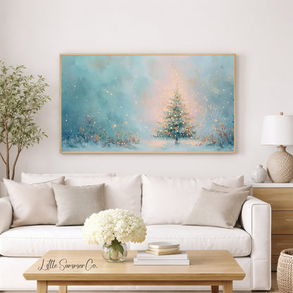 Glowing Christmas Tree in Snow Frame TV Art displayed on a TV