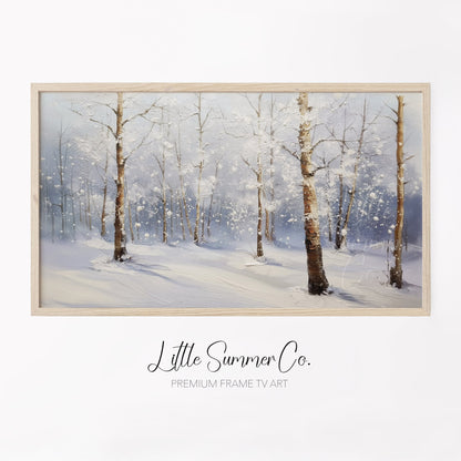 Snowy Birch Forest Frame TV Art displayed on a TV