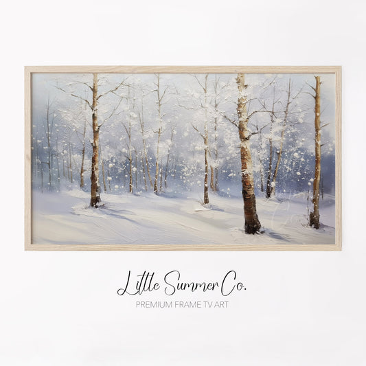 Snowy Birch Forest Frame TV Art displayed on a TV