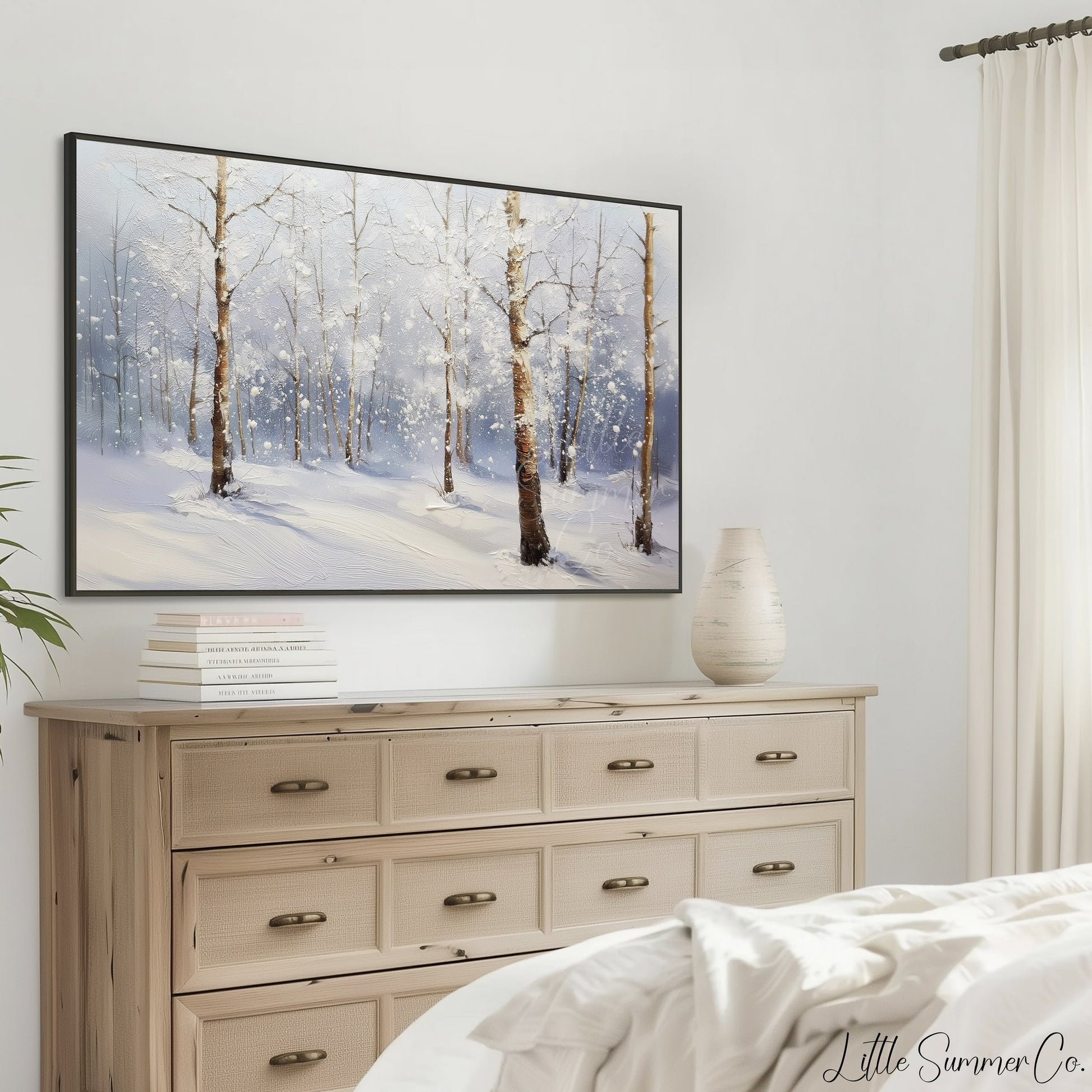 Snowy Birch Forest Frame TV Art displayed on a TV