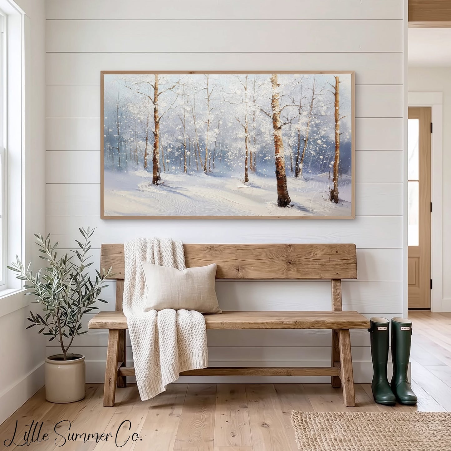 Snowy Birch Forest Frame TV Art displayed on a TV