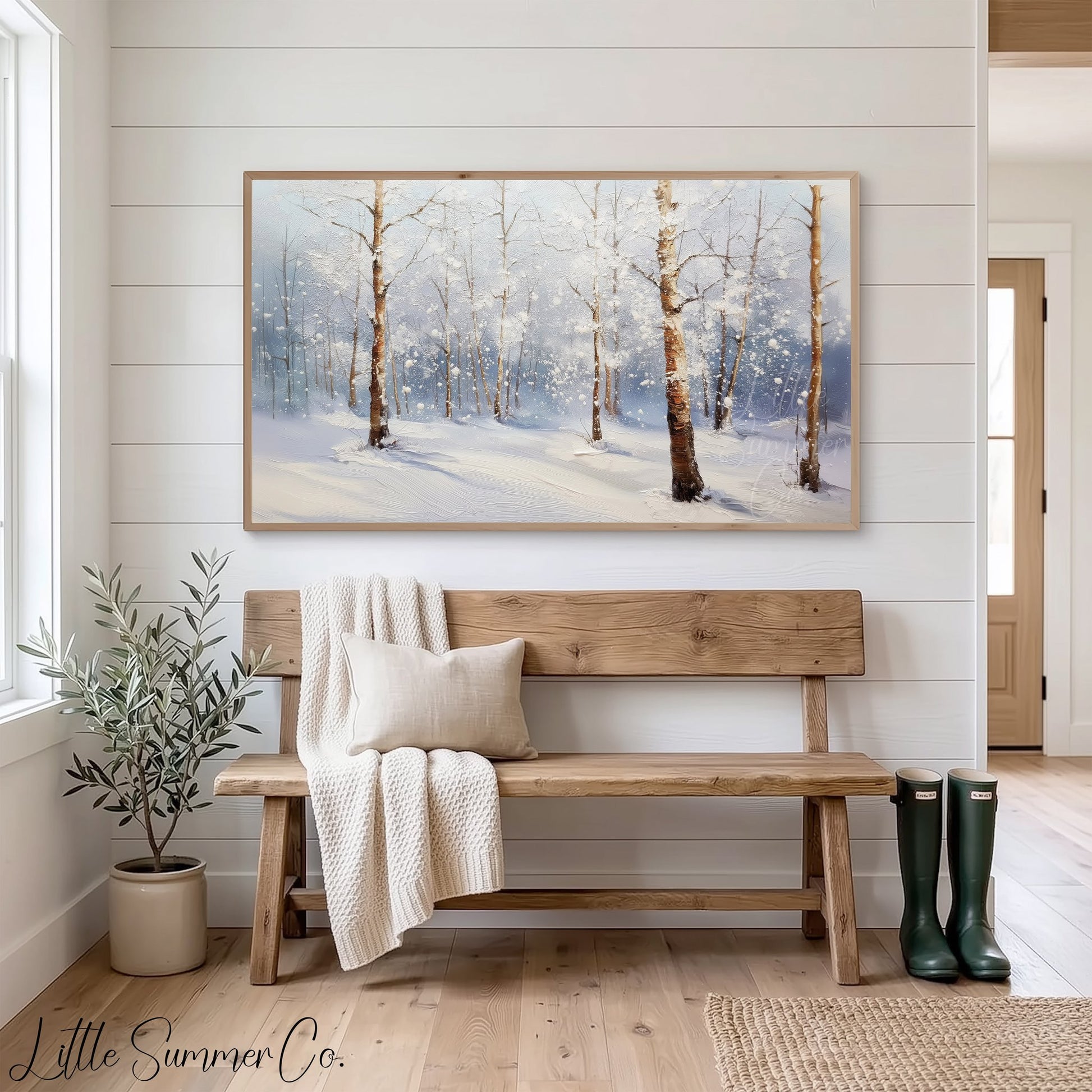 Snowy Birch Forest Frame TV Art displayed on a TV