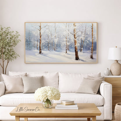 Snowy Birch Forest Frame TV Art displayed on a TV