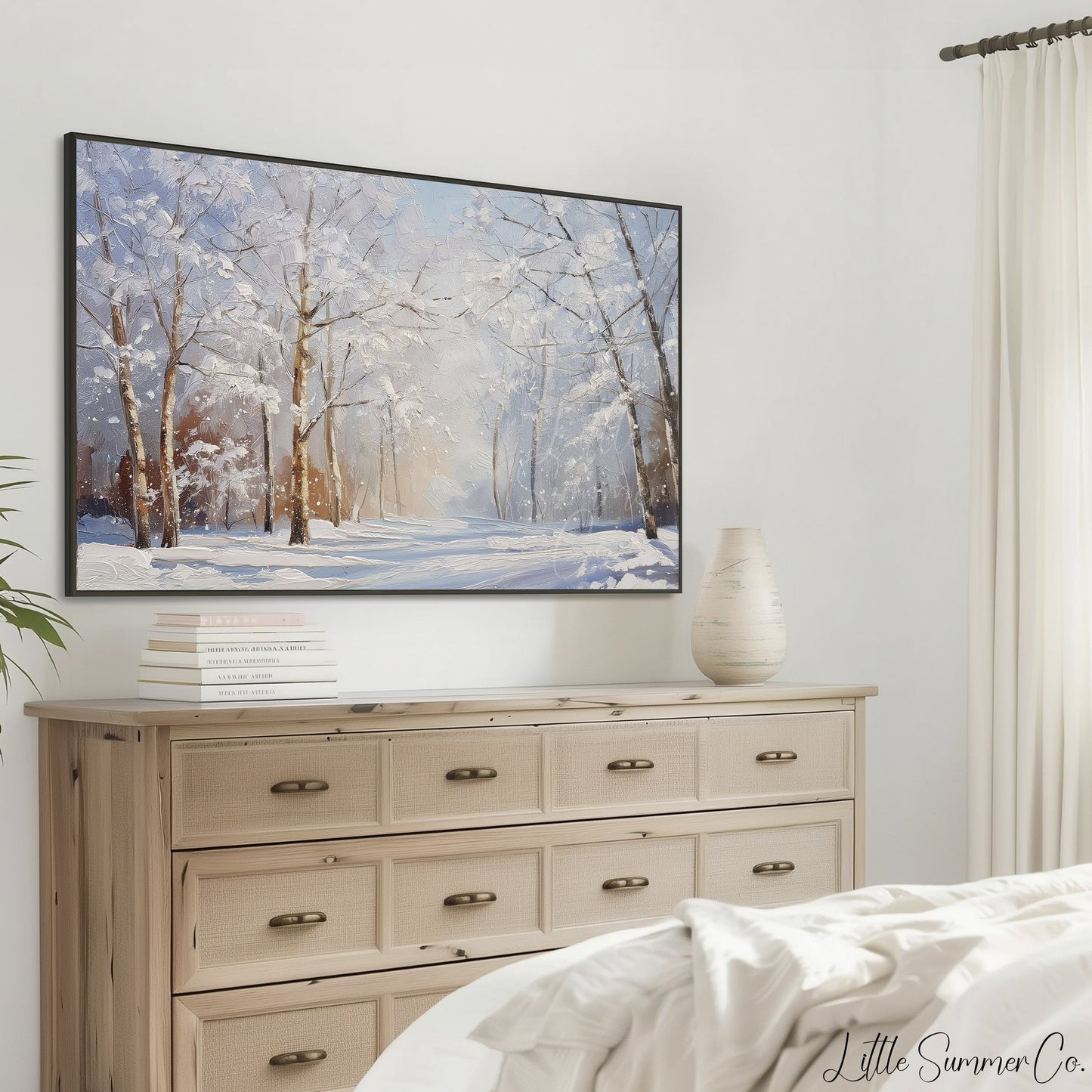 Snowy Forest Path Frame TV Art displayed on a TV