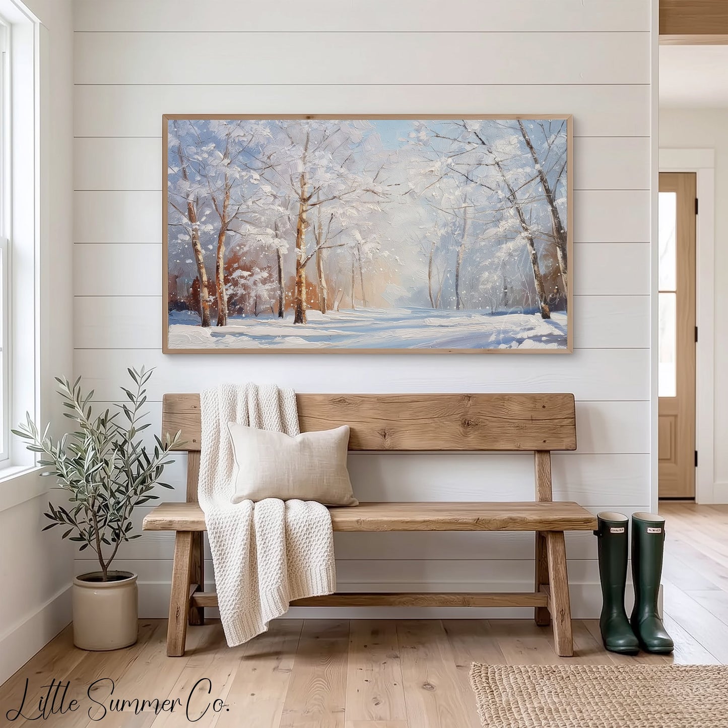 Snowy Forest Path Frame TV Art displayed on a TV