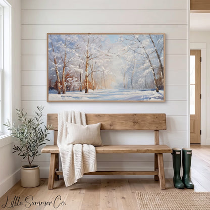 Snowy Forest Path Frame TV Art displayed on a TV
