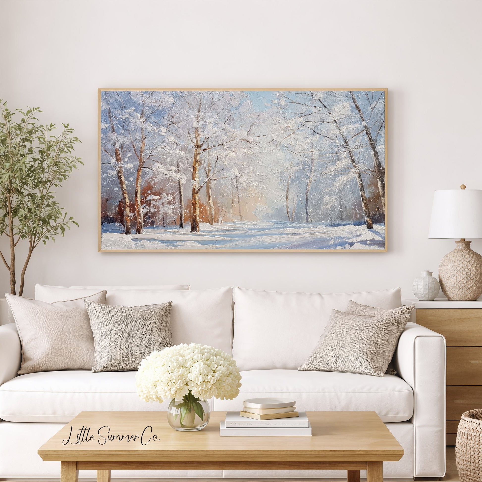 Snowy Forest Path Frame TV Art displayed on a TV
