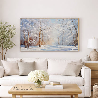Snowy Forest Path Frame TV Art displayed on a TV