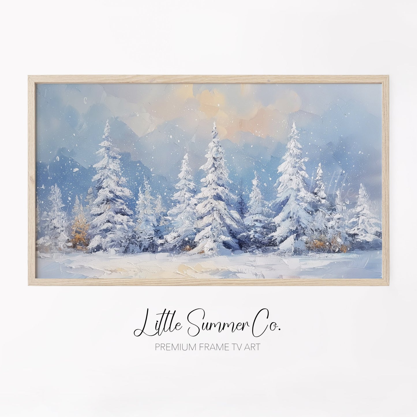 Snow Covered Pine Trees Frame TV Art displayed on a TV