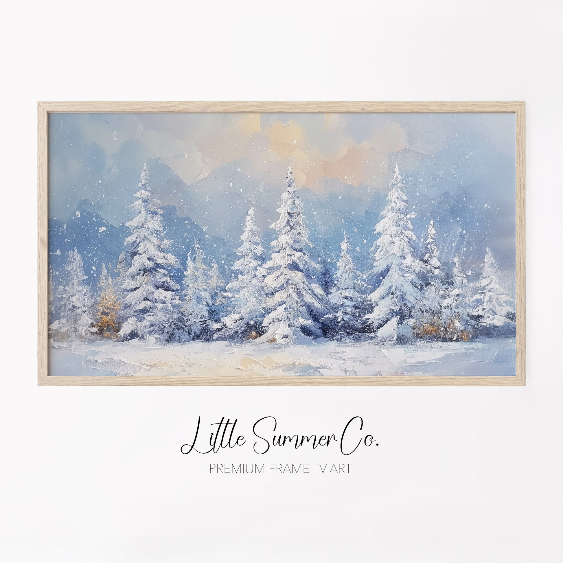Snow Covered Pine Trees Frame TV Art displayed on a TV