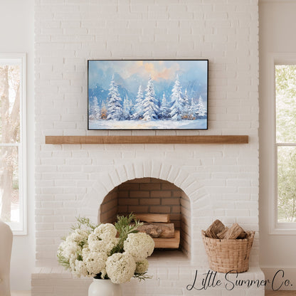 Snow Covered Pine Trees Frame TV Art displayed on a TV