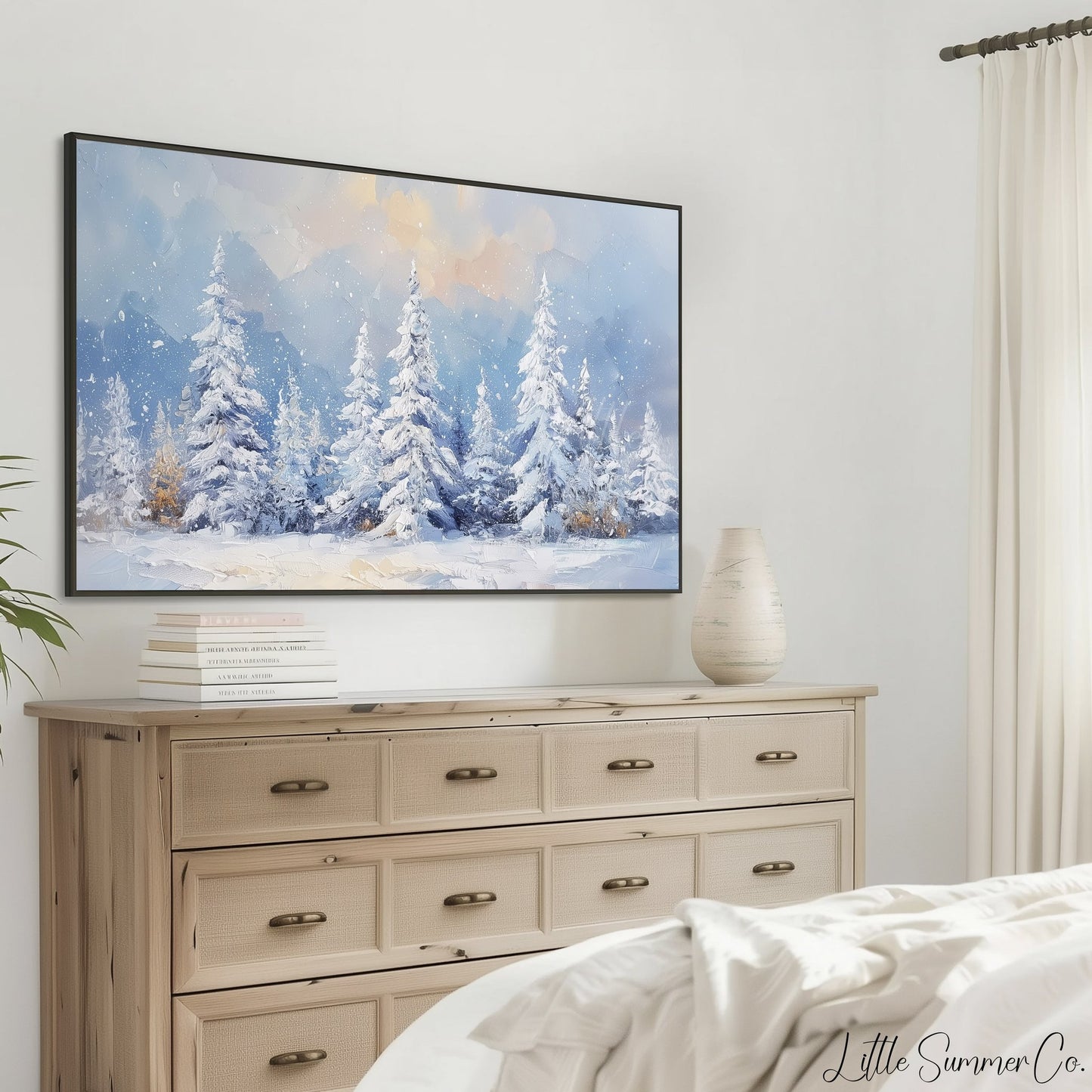 Snow Covered Pine Trees Frame TV Art displayed on a TV