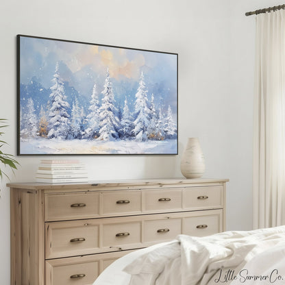 Snow Covered Pine Trees Frame TV Art displayed on a TV