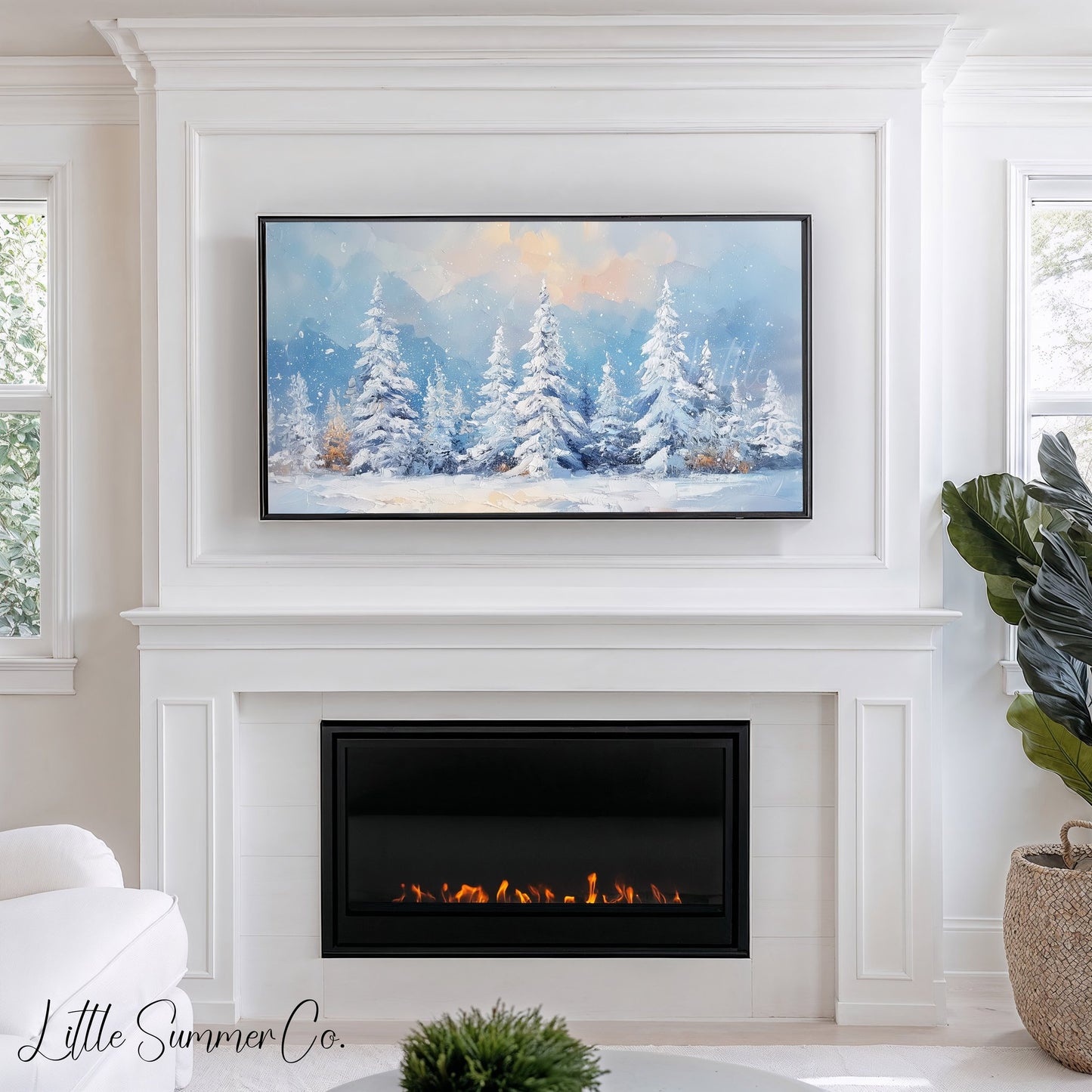 Snow Covered Pine Trees Frame TV Art displayed on a TV