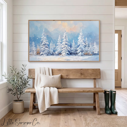 Snow Covered Pine Trees Frame TV Art displayed on a TV