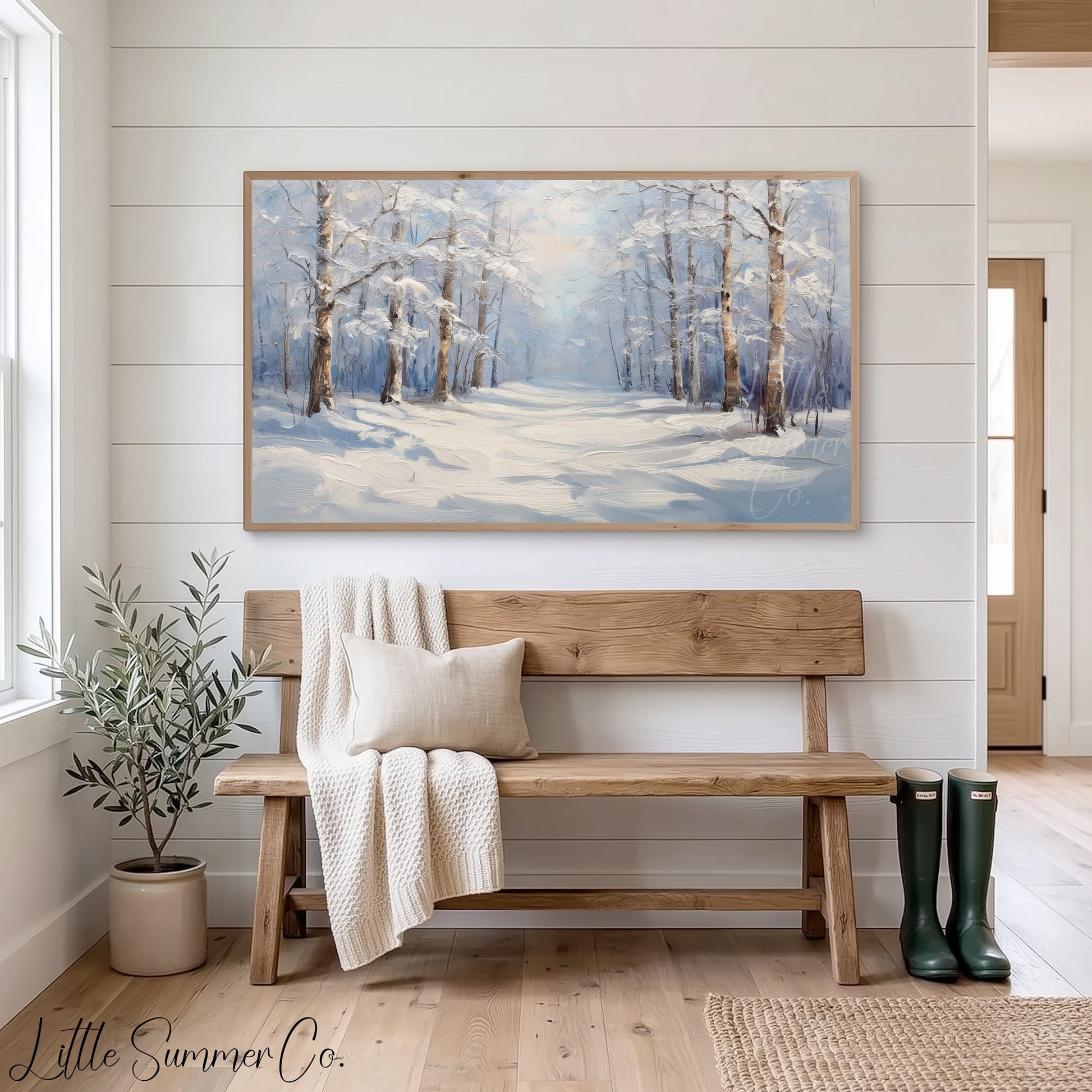 Quiet Snowy Forest Path Frame TV Art displayed on a TV